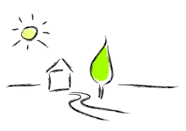 Disegno di spazzola ruvido semplice di casa con albero . — Vettoriale Stock
