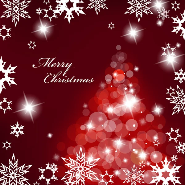 Árbol de Navidad con luces borrosas sobre fondo rojo . — Vector de stock