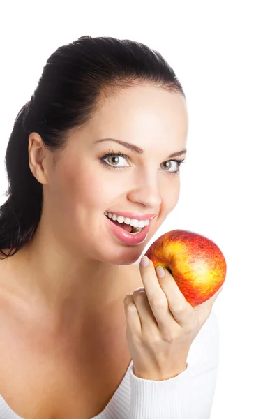 Portrait of young happy smiling woman with apple, isolated on wh — Stock Photo, Image