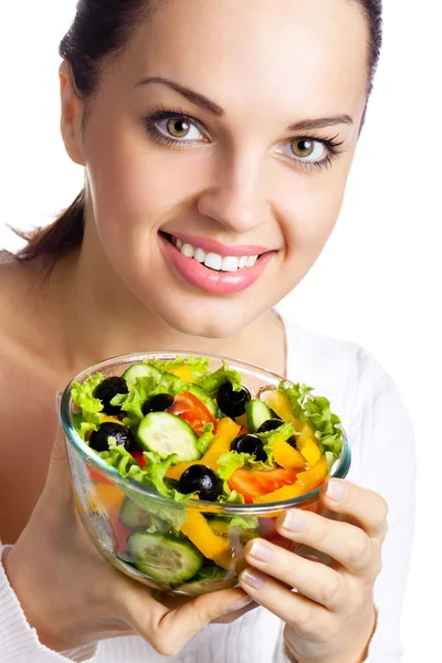 素食蔬菜沙拉的幸福微笑女人的肖像, — 图库照片