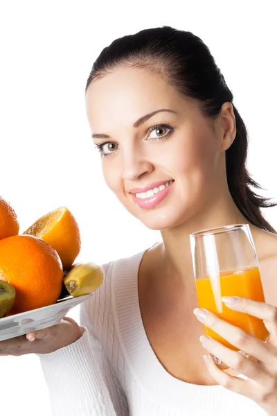 Portrait of happy smiling young woman with assorted citrus fruits and glass — Stock Photo, Image