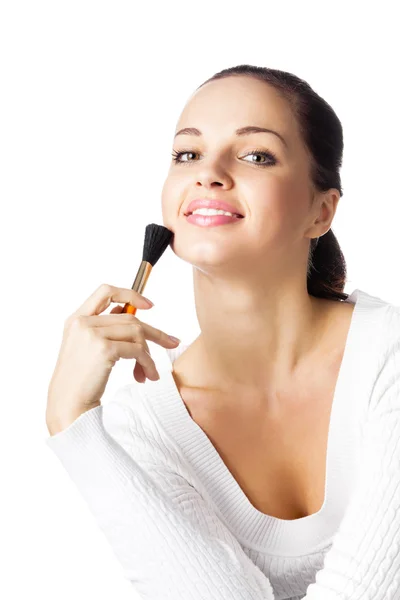Jovem feliz sorrindo mulher com escova de cosméticos, isolado — Fotografia de Stock