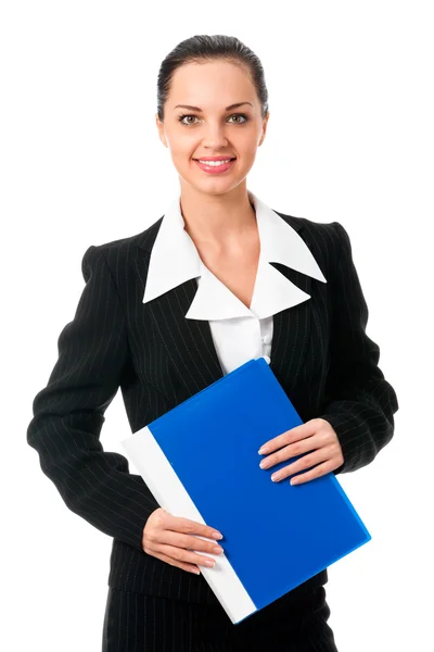 Ritratto di donna d'affari felice con cartella, isolato su bianco — Foto Stock