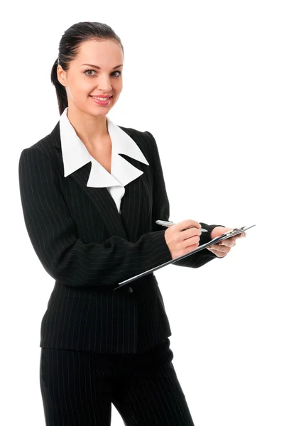 Портрет улыбающейся деловой женщины с ручкой, изолированной на белом — стоковое фото