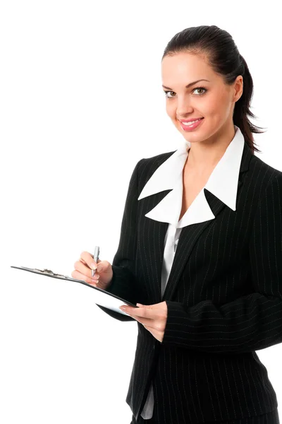 Ritratto di donna d'affari sorridente con penna, isolata su bianco — Foto Stock