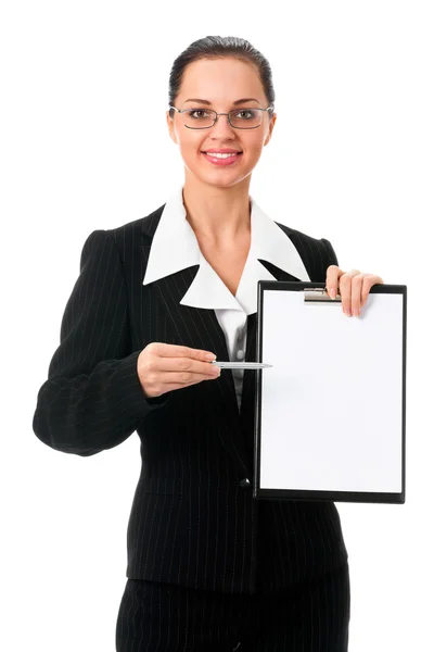 Tabela, üzerinde beyaz izole gösteren genç iş kadını — Stok fotoğraf