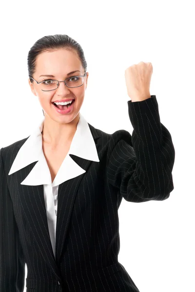 Junge glücklich gestikulierende Geschäftsfrau, isoliert auf weiß — Stockfoto