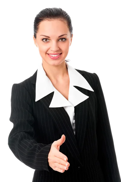 Geschäftsfrau reicht Hand zum Händedruck, isoliert auf weiß — Stockfoto