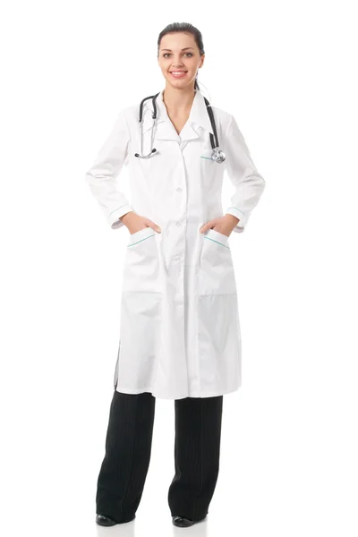 Heureux médecin avec stéthoscope, isolé sur blanc — Photo
