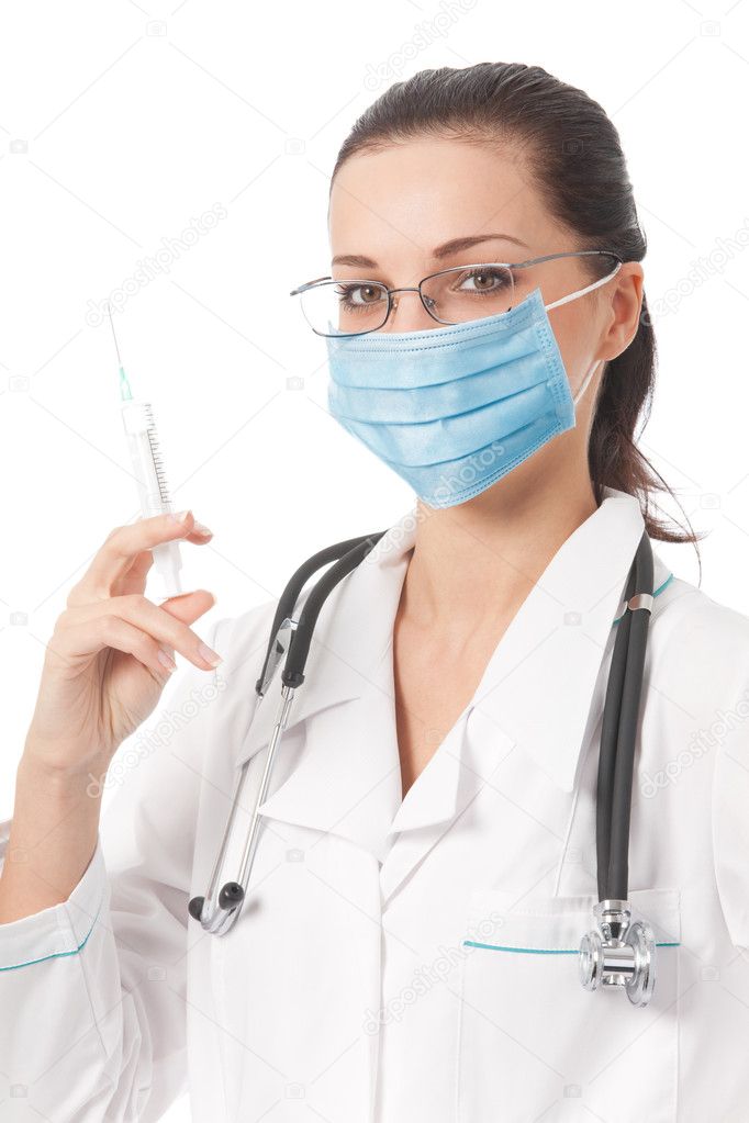 Doctor in protective mask with syringe, isolated on white