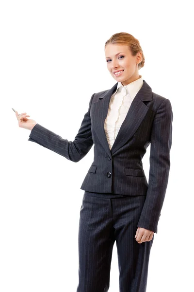 Mulher de negócios mostrando algo, isolado em branco — Fotografia de Stock