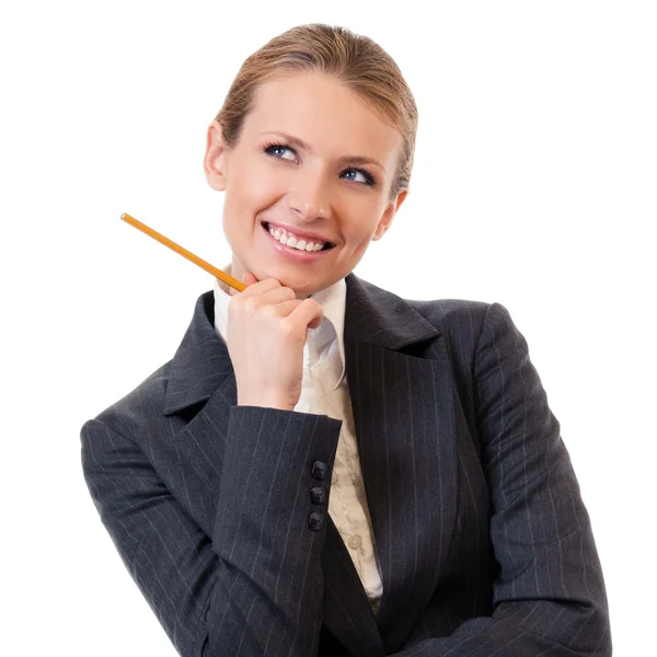 Ευτυχισμένος σκέψης γυναίκα των επιχειρήσεων με μολύβι, απομονωμένη — Φωτογραφία Αρχείου