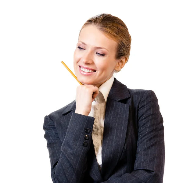 分離された鉛筆で幸せな思考ビジネス女性 — ストック写真