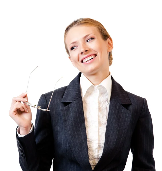 Szczęśliwy myślenia biznes kobieta w okularach, na białym tle — Zdjęcie stockowe