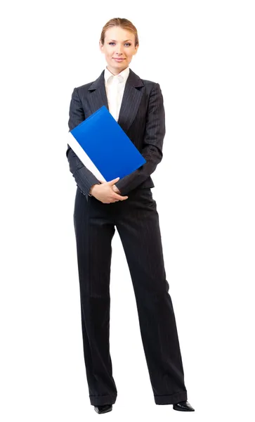 Full body of business woman with folder, on white — Stock Photo, Image
