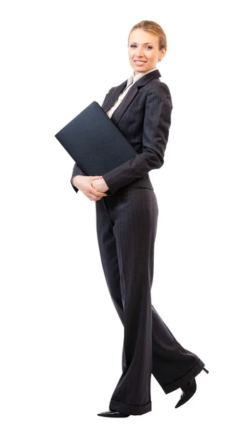 Ολόκληρο το σώμα της γυναίκας επιχειρήσεων με φάκελο, σε λευκό — Φωτογραφία Αρχείου