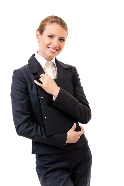 ホワイト上のフォルダーを持つ女性実業家 — ストック写真