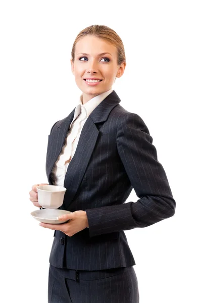 Affärskvinna med kaffe, isolerad på vit — Stockfoto