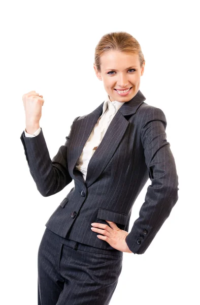 Happy gesturing businesswoman , on white — Zdjęcie stockowe