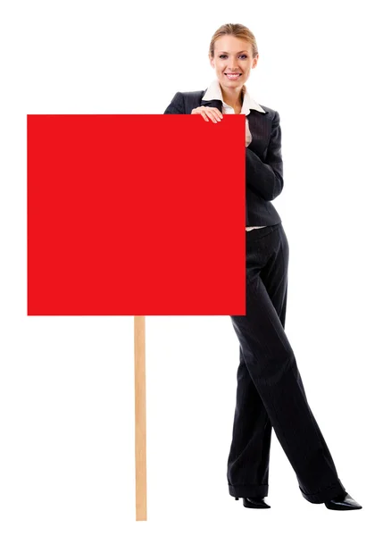 Geschäftsfrau zeigt leeres Schild, über weiß — Stockfoto
