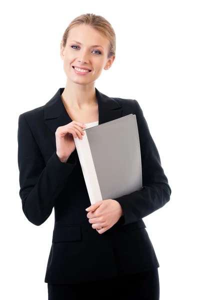 Businesswoman with grey folder, isolated — Stock Photo, Image