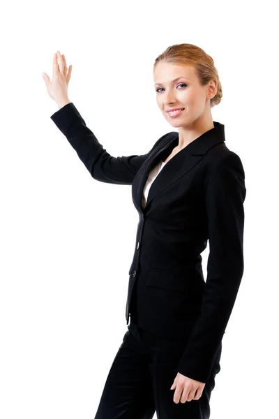Geschäftsfrau zeigt, isoliert auf weiß — Stockfoto