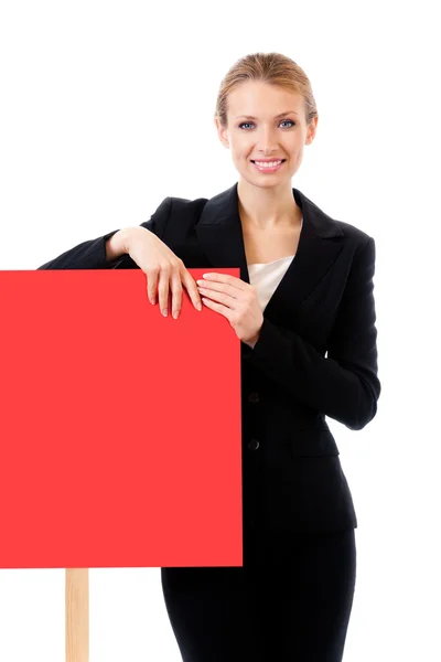 Donna d'affari che mostra cartello bianco, sopra bianco — Foto Stock