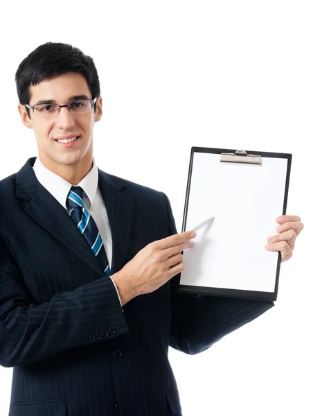 Бизнесмен с планшетом, на белом — стоковое фото