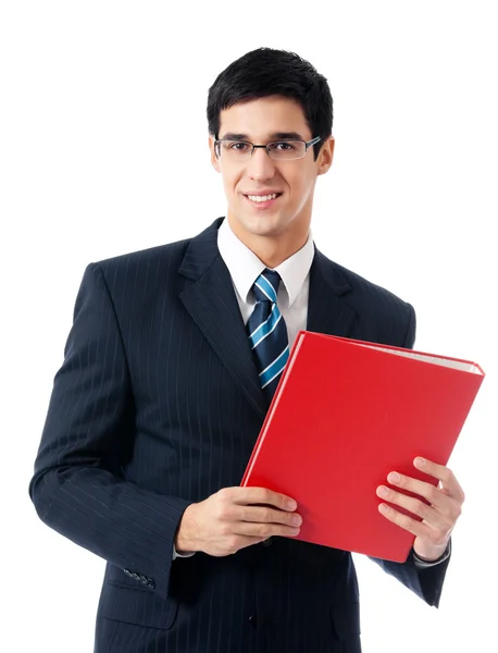 Hombre de negocios con carpeta roja, en blanco — Foto de Stock