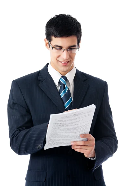 Uomo d'affari che mostra documento o contratto, su bianco — Foto Stock