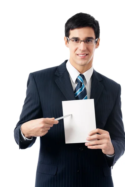Бізнесмен, що показує вивіску з копіспазою, на білому — стокове фото