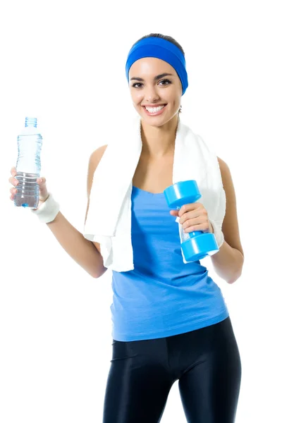 Woman with dumbbell and water, on white — Stock Photo, Image