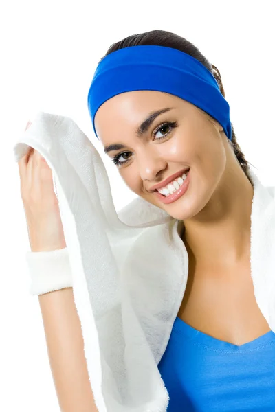 Kvinna i fitness slitage med handduk, isolerade — Stockfoto
