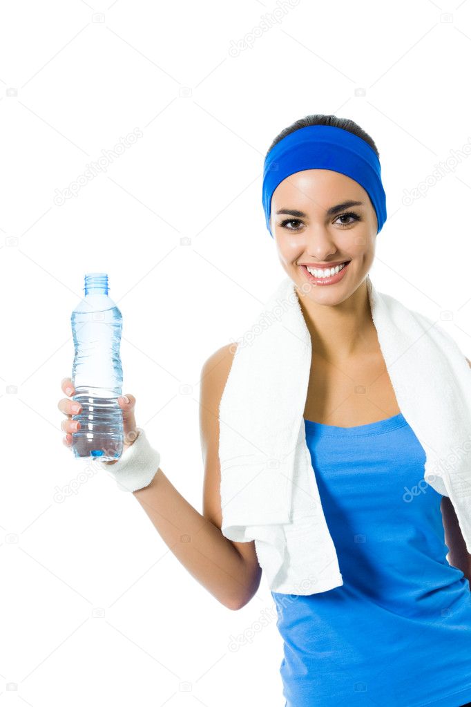 Woman in fitness wear with water, isolated