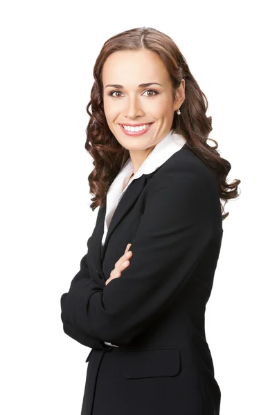 Heureuse femme d'affaires souriante, sur blanc — Photo