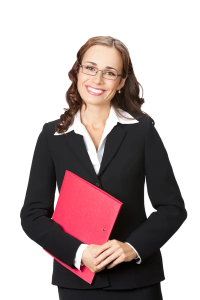 Kobieta z folderu czerwony na białym tle — Zdjęcie stockowe