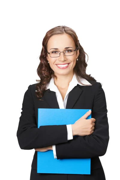 Επιχειρηματίας με μπλε φάκελο, απομονωμένη — Φωτογραφία Αρχείου