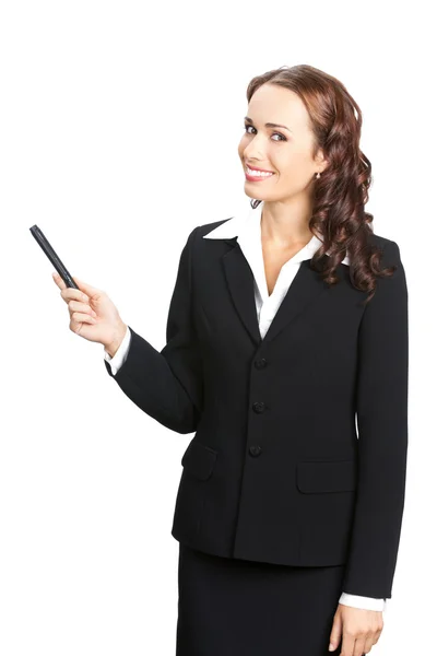 Mulher de negócios mostrando, em branco — Fotografia de Stock