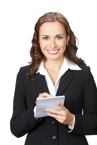 Affärskvinna med organizer, isolerad på vit Stockbild
