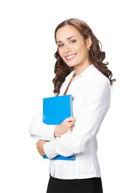 Businesswoman with blue folder, isolated clipart