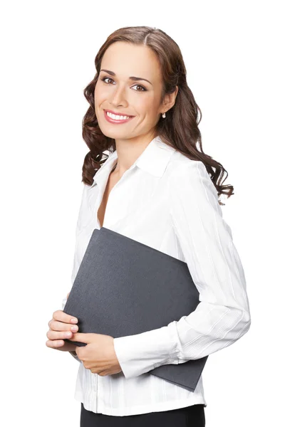 Kobieta z folderu czarno na białym tle — Zdjęcie stockowe