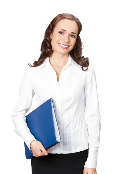 Geschäftsfrau mit blauem Ordner, isoliert — Stockfoto