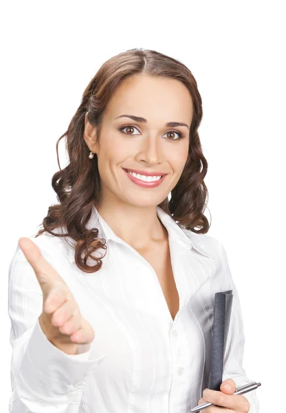 Geschäftsfrau mit Ordner reicht Hand zum Händedruck, auf weiß — Stockfoto