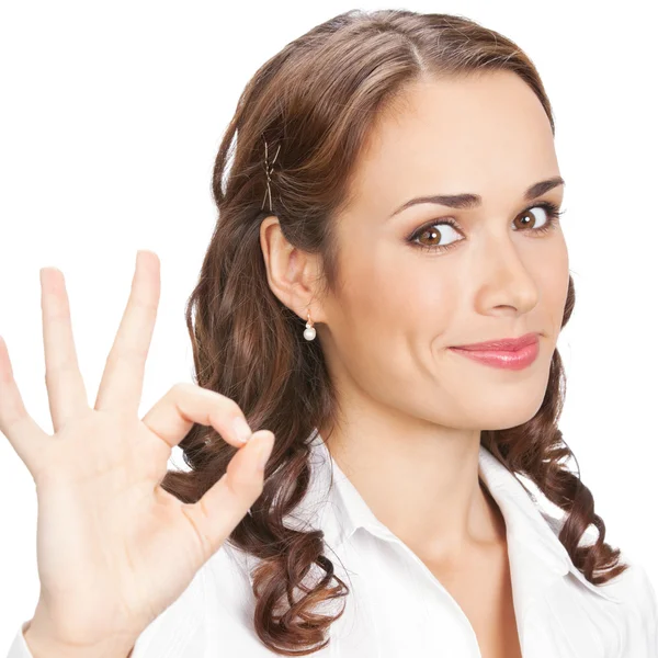 Деловая женщина с нормальным жестом, на белом — стоковое фото