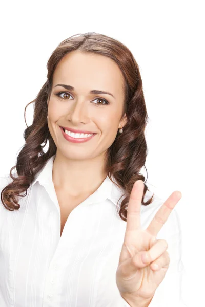 Бізнес-леді, що показує два пальці, на білому — стокове фото