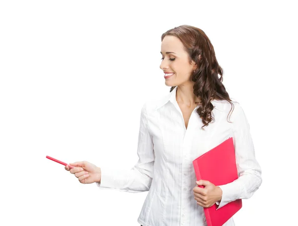 Business woman showing, isolated — Stock Photo, Image