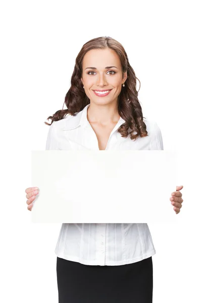 Podnikatelka zobrazeno prázdné vývěsní štít, na bílém pozadí — Stock fotografie