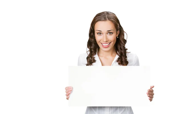 Podnikatelka zobrazeno prázdné vývěsní štít, na bílém pozadí — Stock fotografie