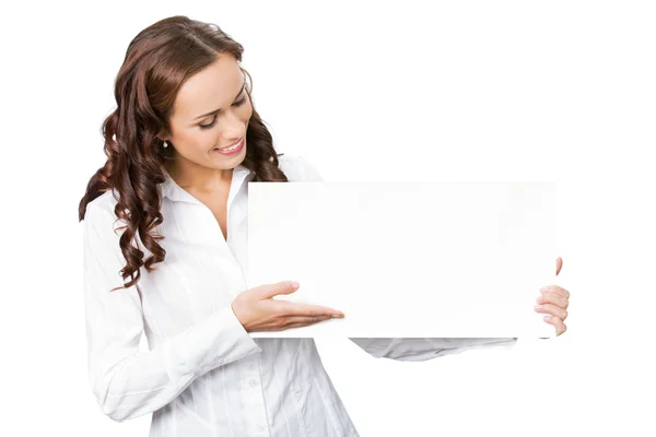 Empresária mostrando tabuleta em branco, em branco — Fotografia de Stock