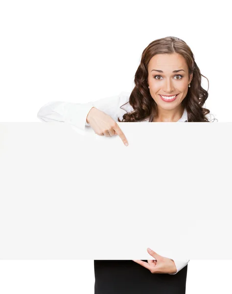 Деловая женщина с пустой вывеской, на белом — стоковое фото